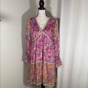 Anthropology/Floral V-Neck Dress - Pink and Orange